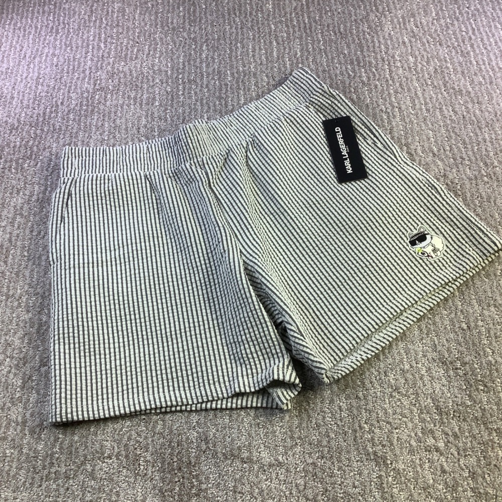Karl Lagerfeld Paris Striped Cat Logo Shorts Womens Size S Black White‎ NWT
